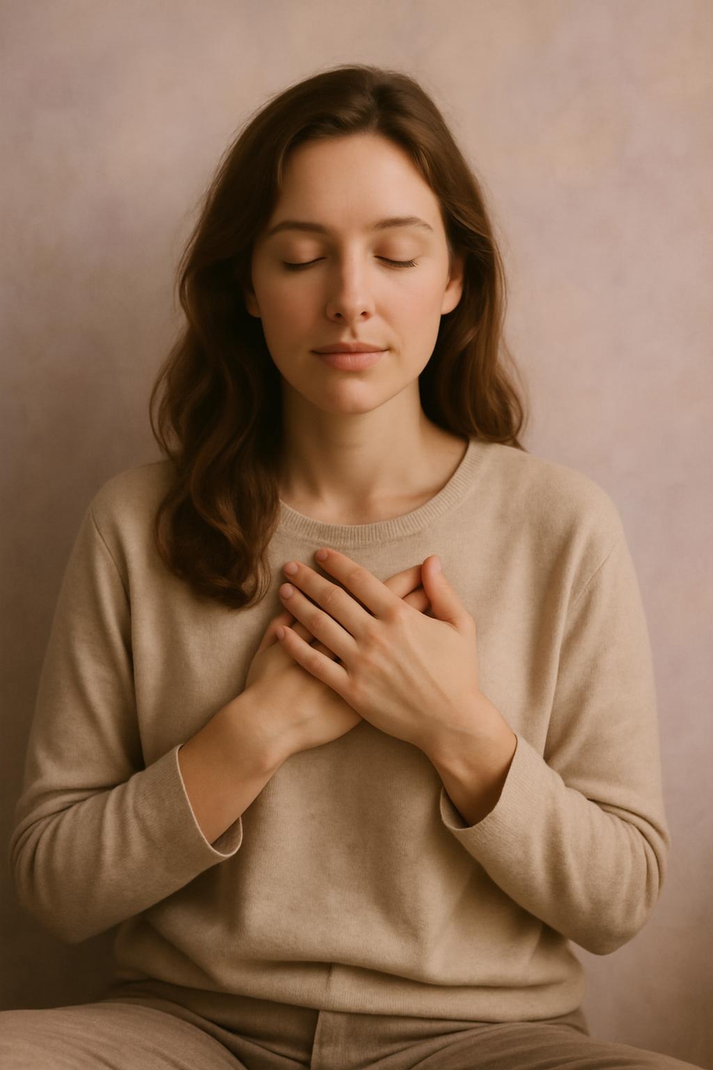 Mulher em silêncio, de olhos fechados, em momento introspectivo